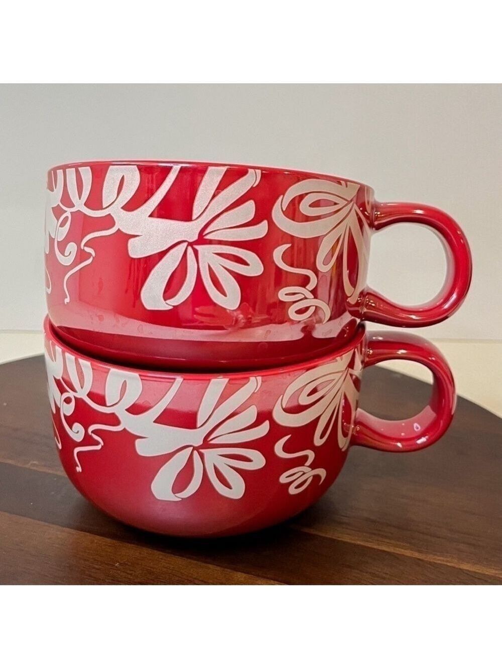 Starbucks 2023 Holiday Red Ribbon Bow Ceramic Mug Set of 2 New 16 oz